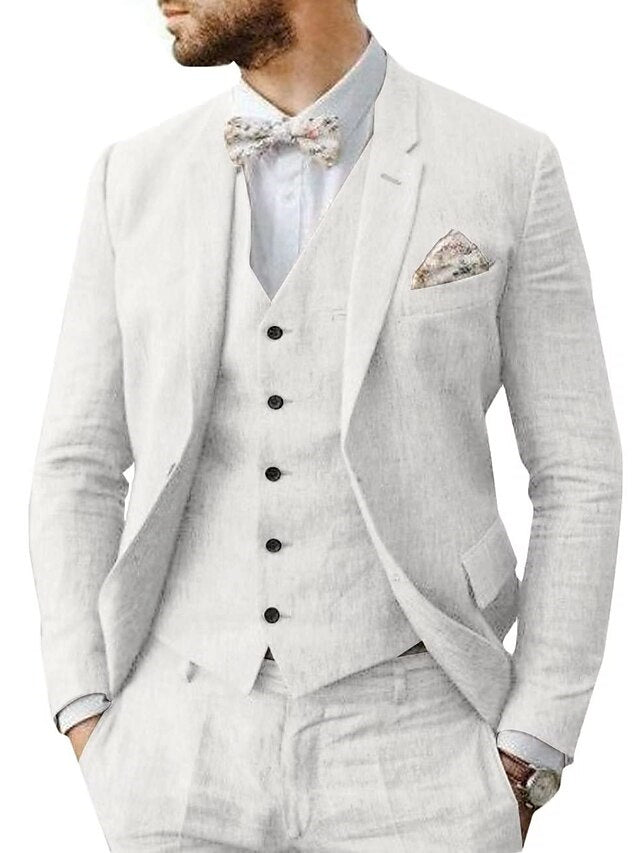 Costumes de Mariage 3 Pièces en Lin pour Hommes, Coupe Ajustée, Simple Boutonnage, Deux Boutons