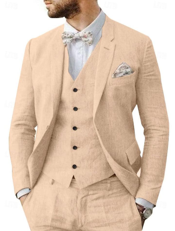 Costumes de Mariage 3 Pièces en Lin pour Hommes, Coupe Ajustée, Simple Boutonnage, Deux Boutons