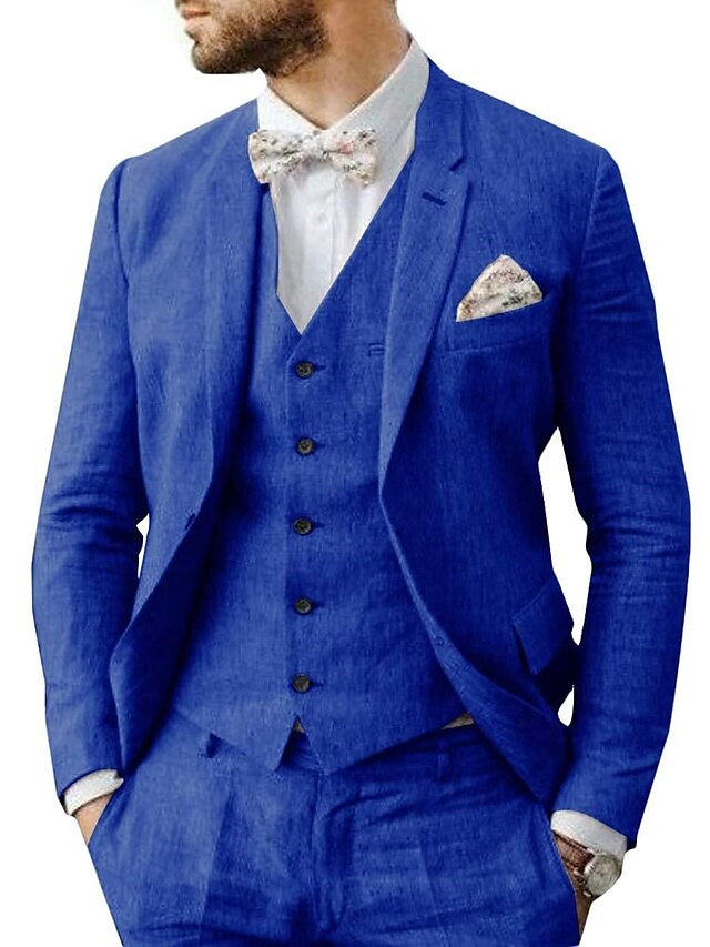 Costumes de Mariage 3 Pièces en Lin pour Hommes, Coupe Ajustée, Simple Boutonnage, Deux Boutons