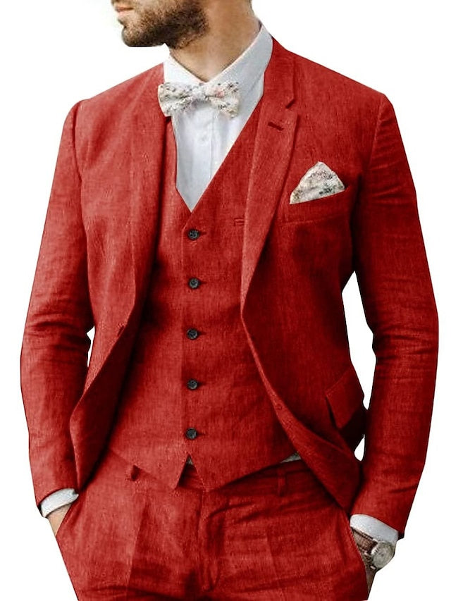 Costumes de Mariage 3 Pièces en Lin pour Hommes, Coupe Ajustée, Simple Boutonnage, Deux Boutons