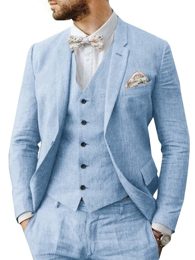 Costumes de Mariage 3 Pièces en Lin pour Hommes, Coupe Ajustée, Simple Boutonnage, Deux Boutons