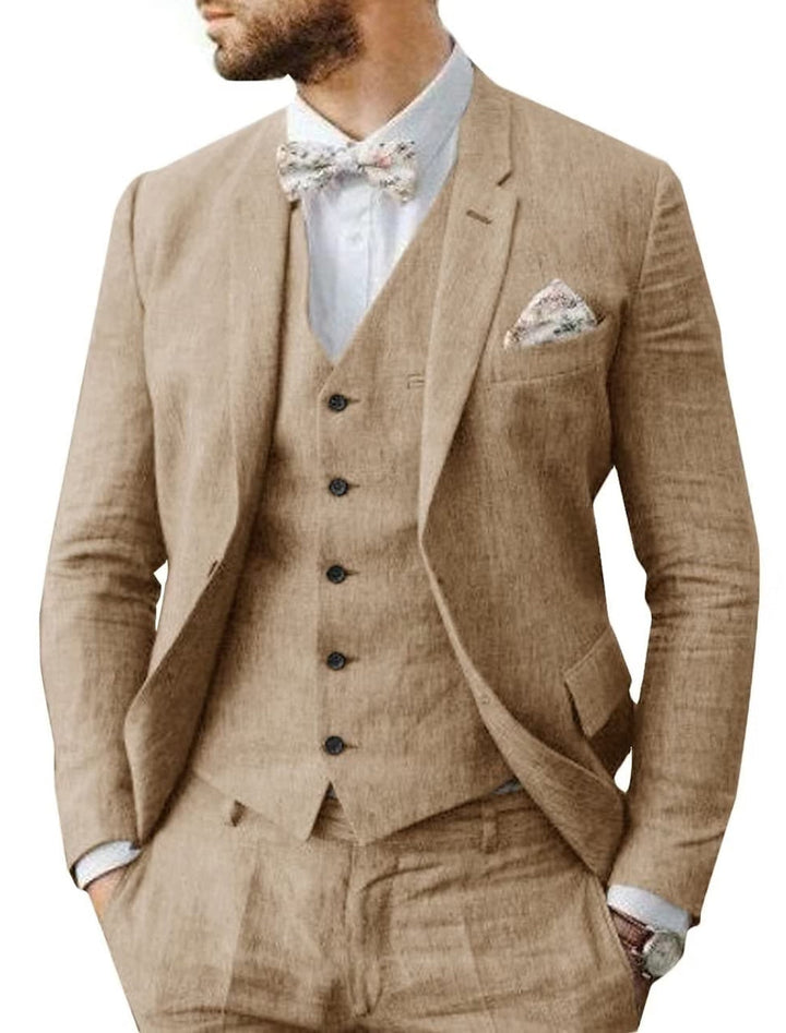 Costumes de Mariage 3 Pièces en Lin pour Hommes, Coupe Ajustée, Simple Boutonnage, Deux Boutons