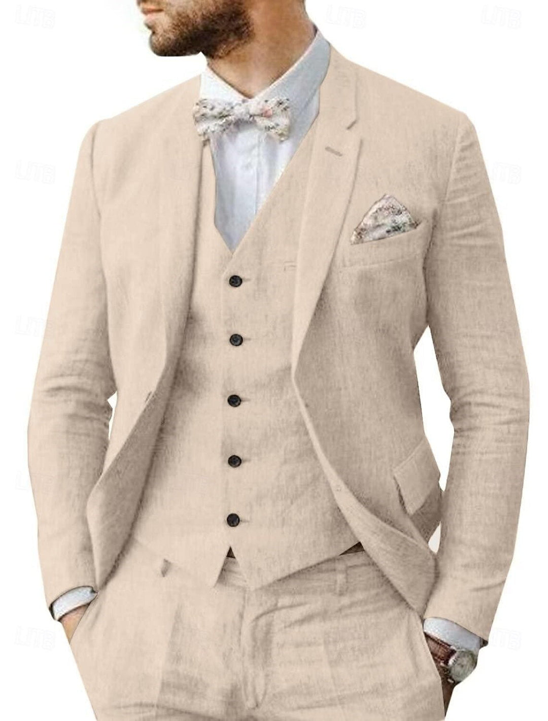 Costumes de Mariage 3 Pièces en Lin pour Hommes, Coupe Ajustée, Simple Boutonnage, Deux Boutons