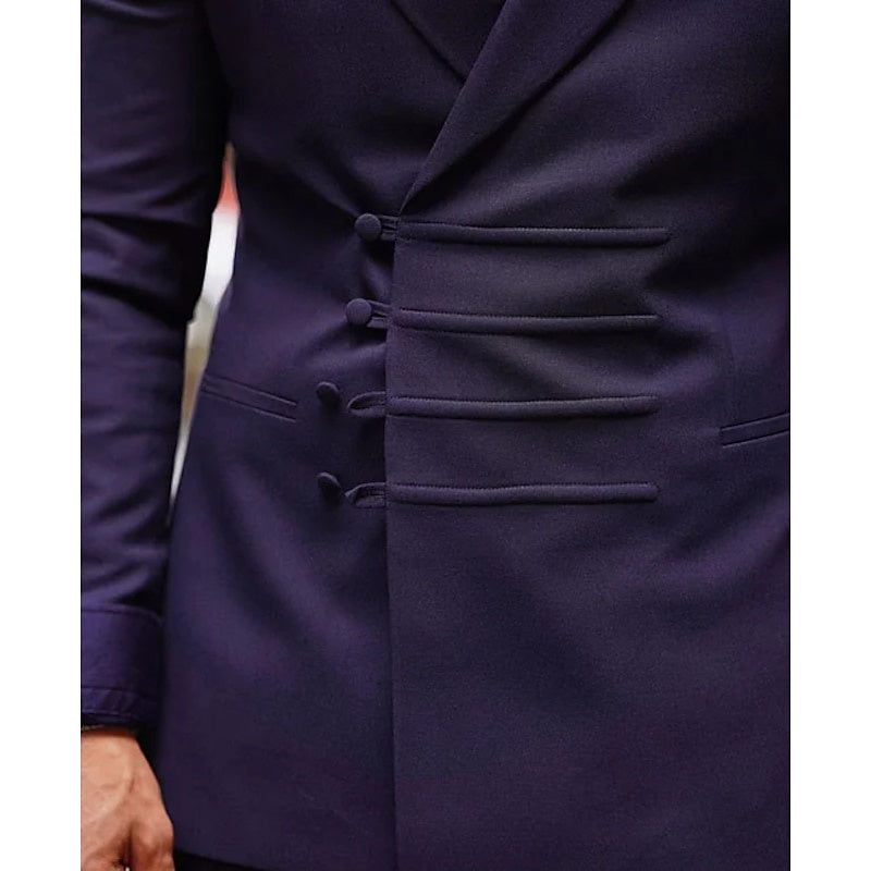 Costume de Mariage 2 Pièces pour Homme, Coupe Ajustée, Croisé, Six Boutons, Couleur Unie