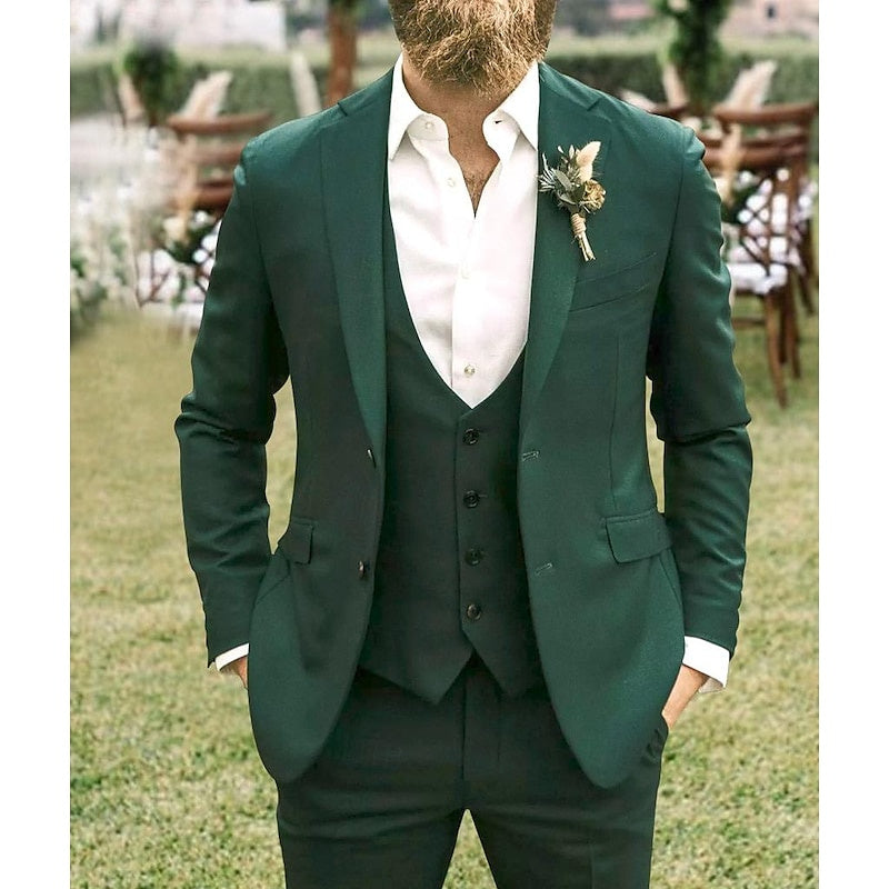 Costume de Mariage 3 Pièces Vert Foncé pour Homme, Coupe Ajustée, Simple Boutonnage, Deux Boutons