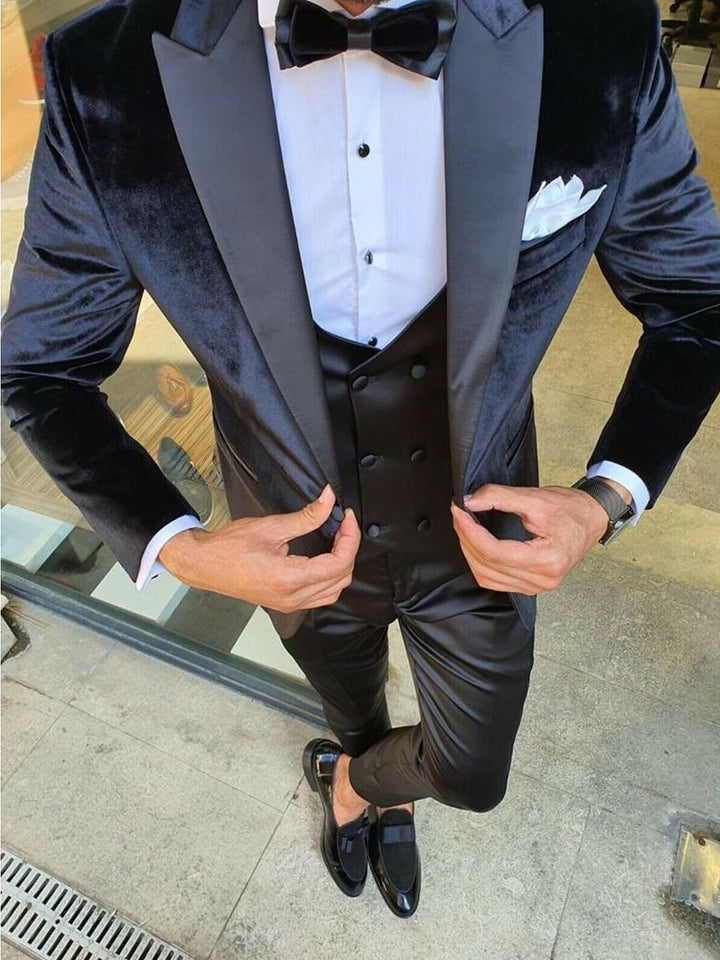 Veste homme 3 pièces noir, bleu, bordeaux, vintage, velours, uni, coupe régulière, droit, 1 bouton, pour soirée