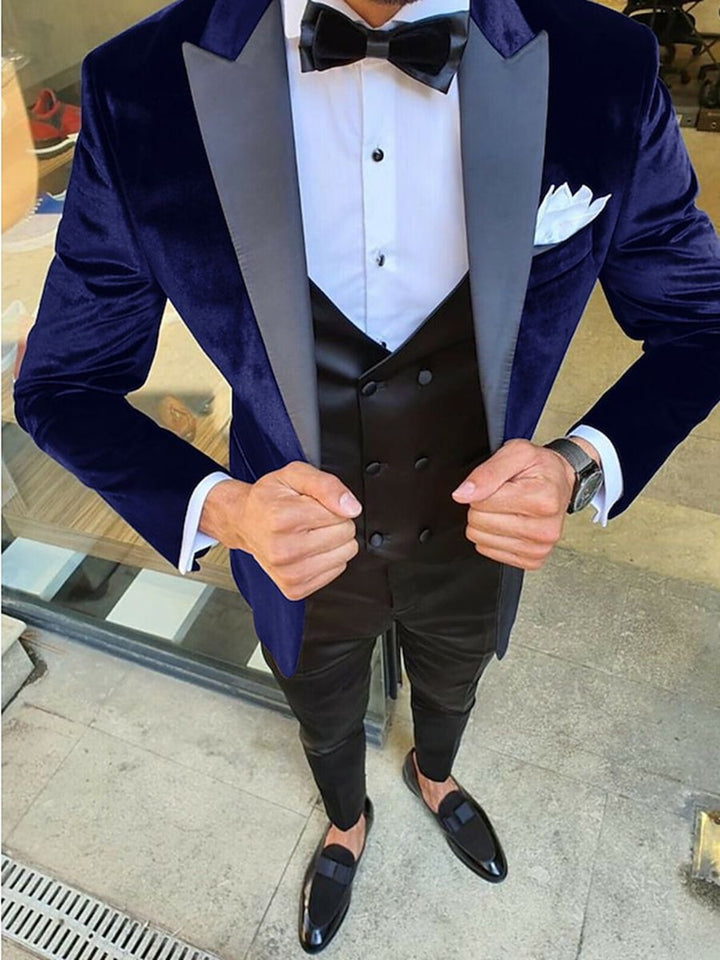 Veste homme 3 pièces noir, bleu, bordeaux, vintage, velours, uni, coupe régulière, droit, 1 bouton, pour soirée