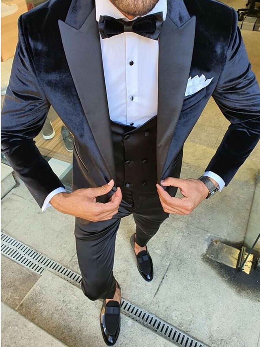 Veste homme 3 pièces noir, bleu, bordeaux, vintage, velours, uni, coupe régulière, droit, 1 bouton, pour soirée