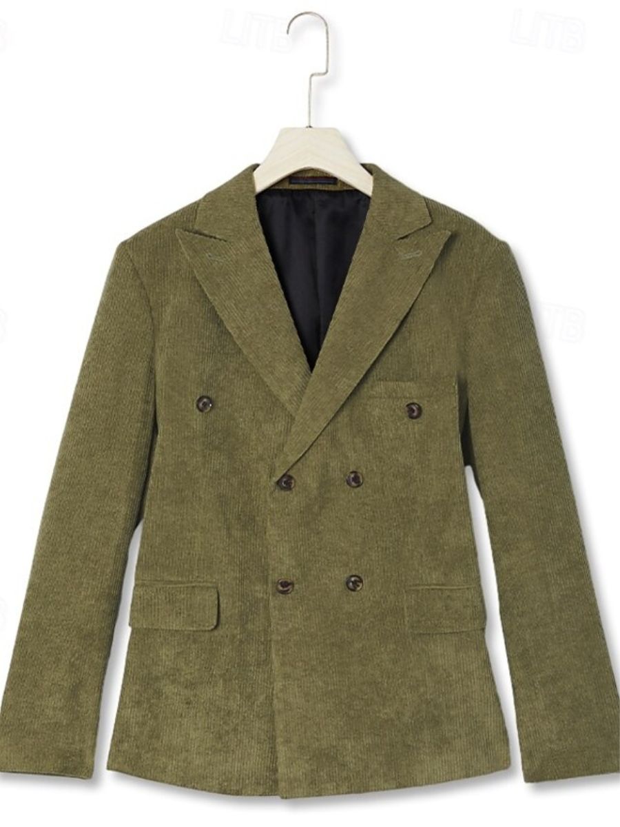 Veste de costume homme deux pièces sauge, velours côtelé, revers pointus, coupe régulière, croisé, 6 boutons, pour soirée