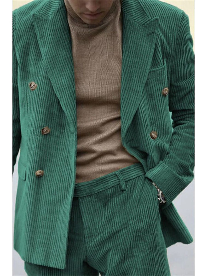 Veste de costume homme deux pièces sauge, velours côtelé, revers pointus, coupe régulière, croisé, 6 boutons, pour soirée