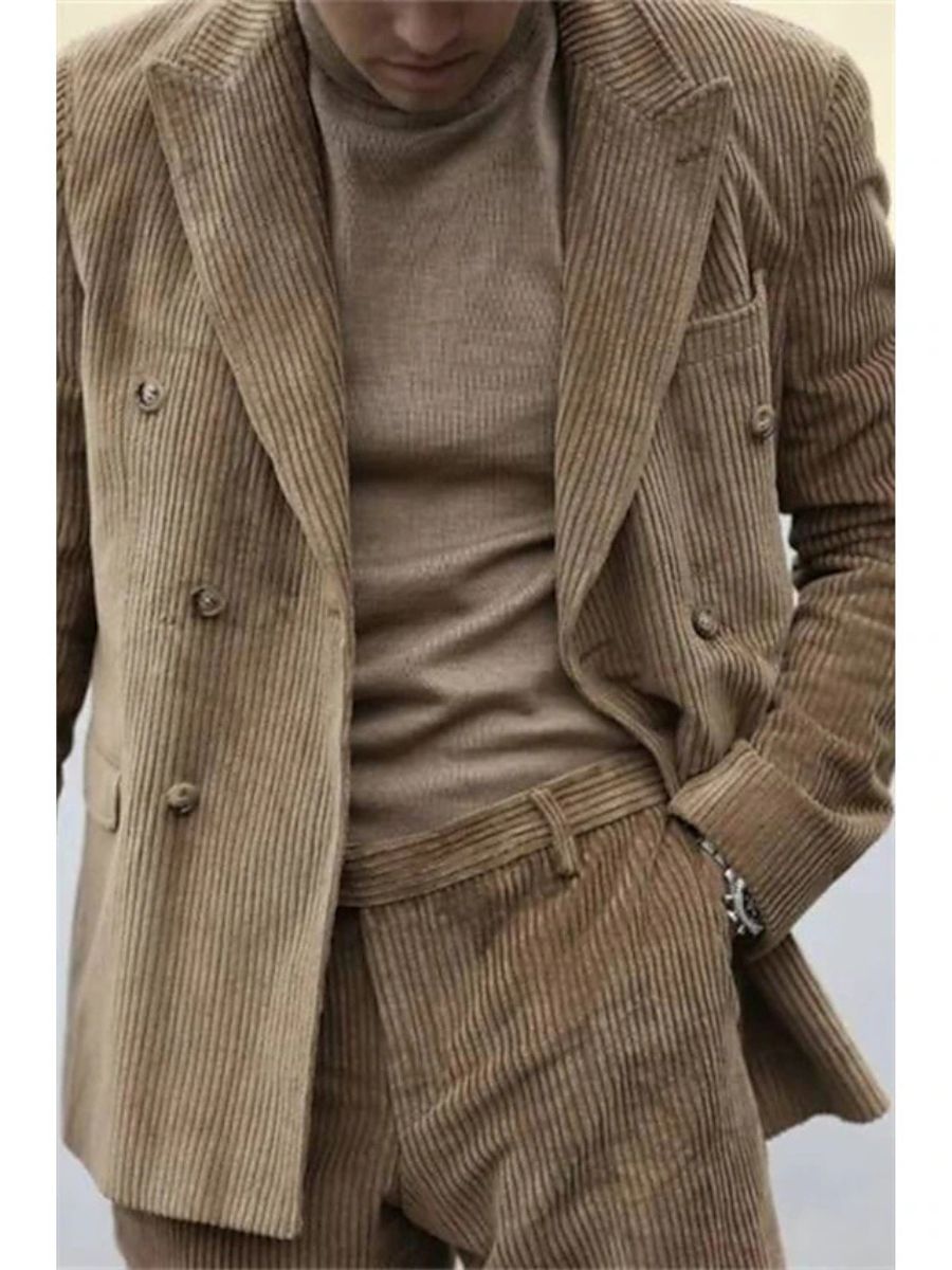 Veste de costume homme deux pièces sauge, velours côtelé, revers pointus, coupe régulière, croisé, 6 boutons, pour soirée