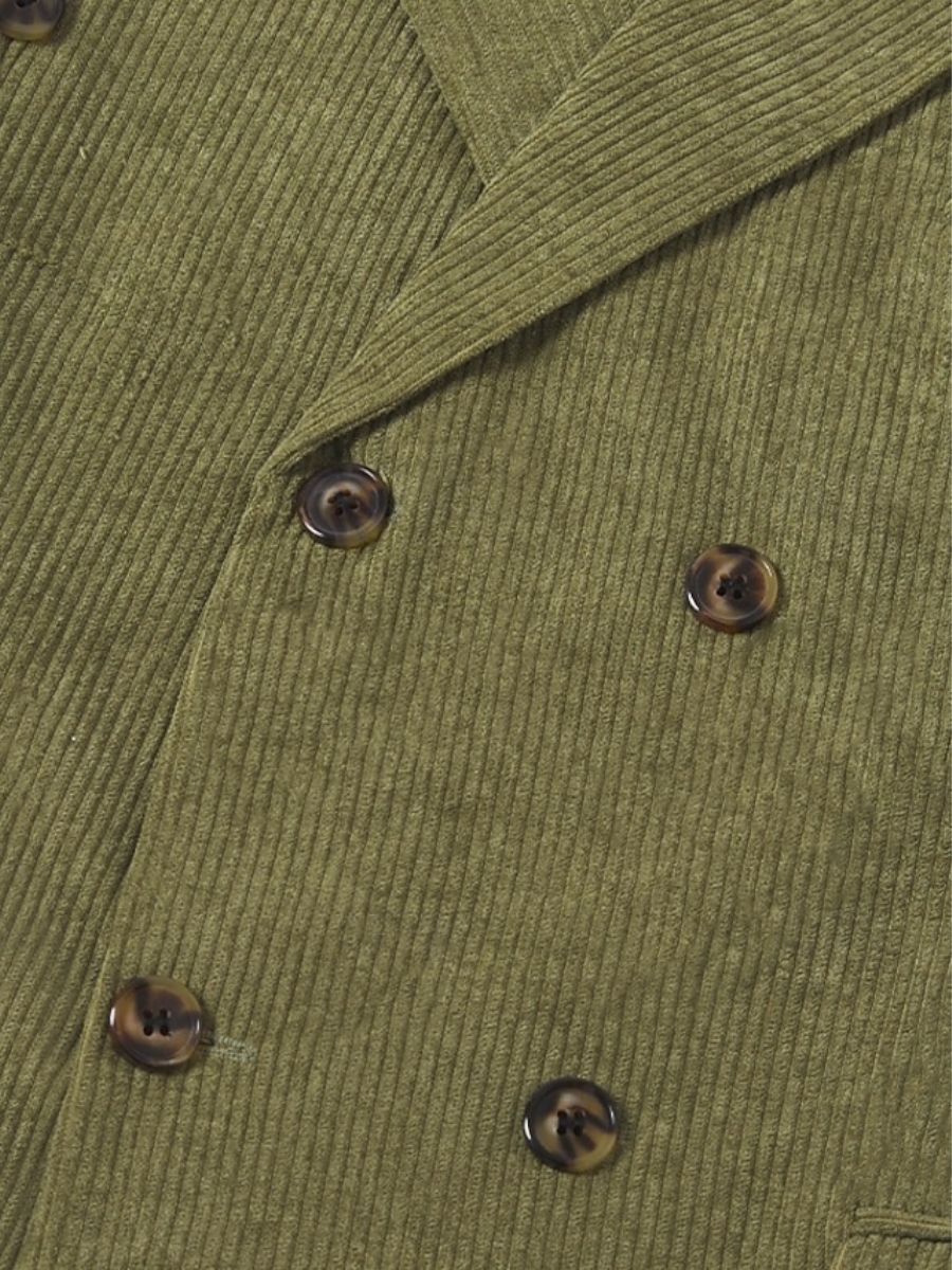 Veste de costume homme deux pièces sauge, velours côtelé, revers pointus, coupe régulière, croisé, 6 boutons, pour soirée