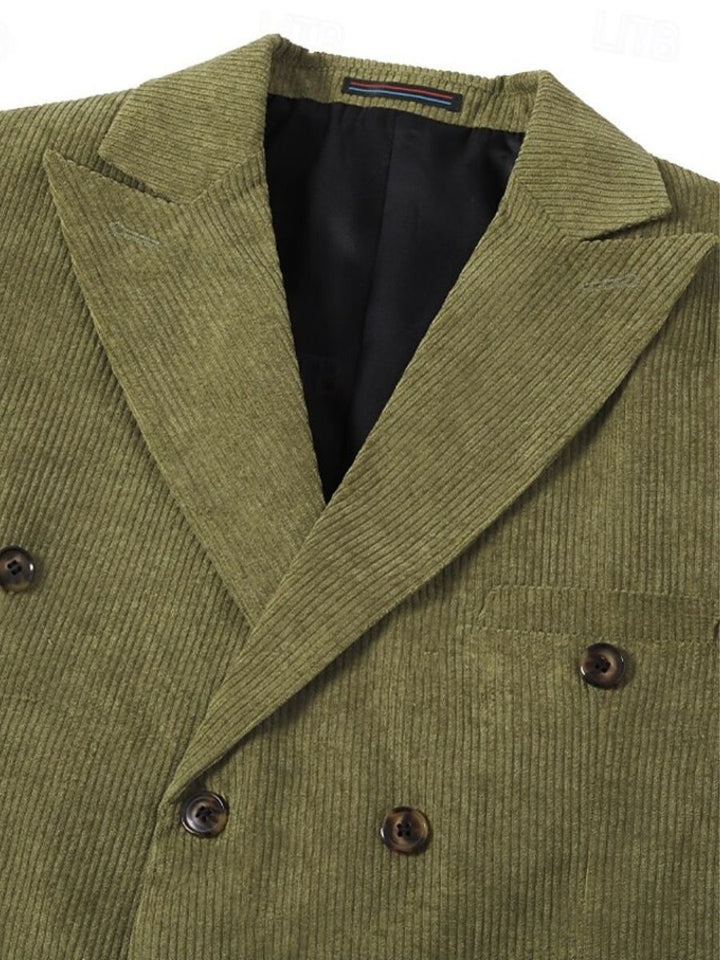 Veste de costume homme deux pièces sauge, velours côtelé, revers pointus, coupe régulière, croisé, 6 boutons, pour soirée
