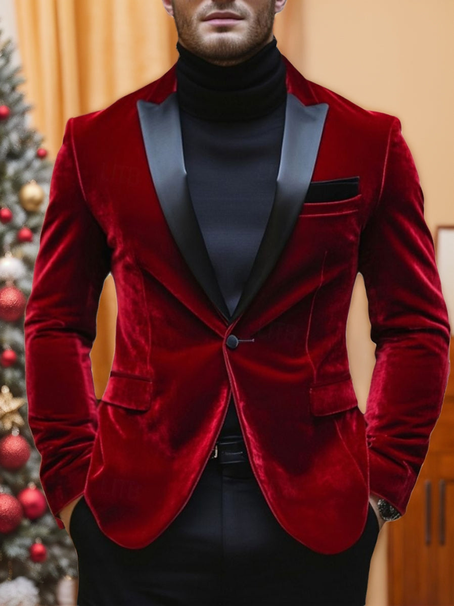 Veste homme rouge, velours, soirée, revers pointus, coupe régulière, droit, 1 bouton
