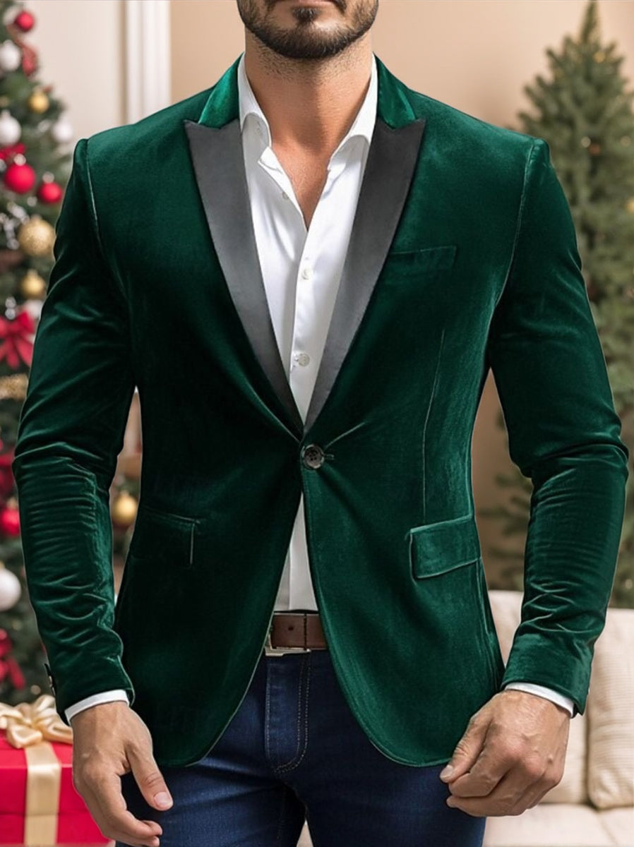 Veste homme verte, velours, soirée, revers cranté, coupe régulière, droit, 1 bouton