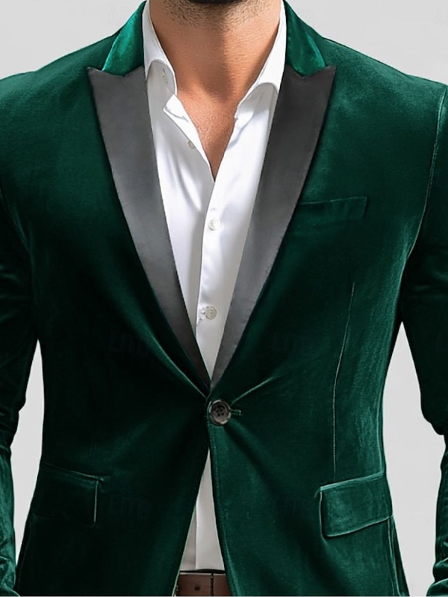Veste homme verte, velours, soirée, revers cranté, coupe régulière, droit, 1 bouton