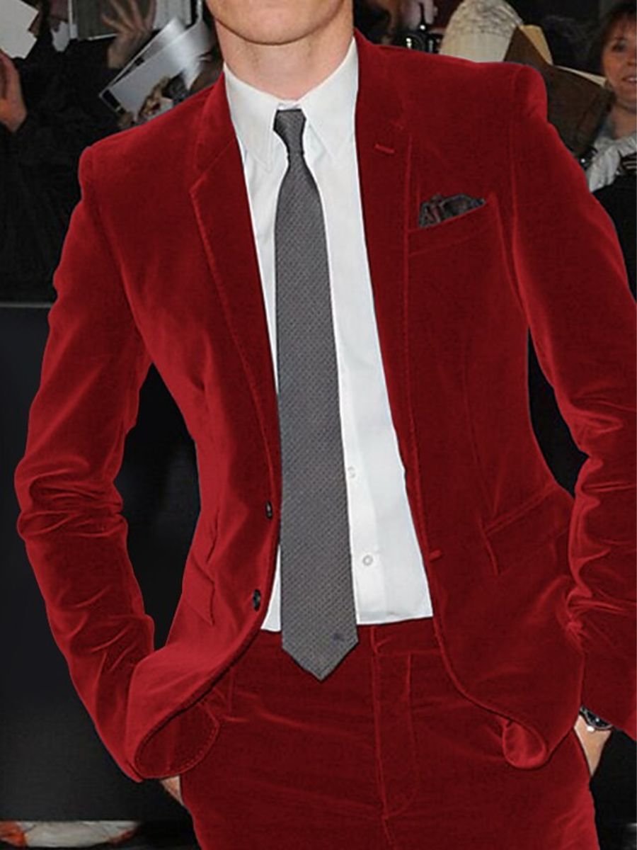 Veste costume homme bordeaux, velours, droit, 2 boutons, uni, pour mariage/soirée