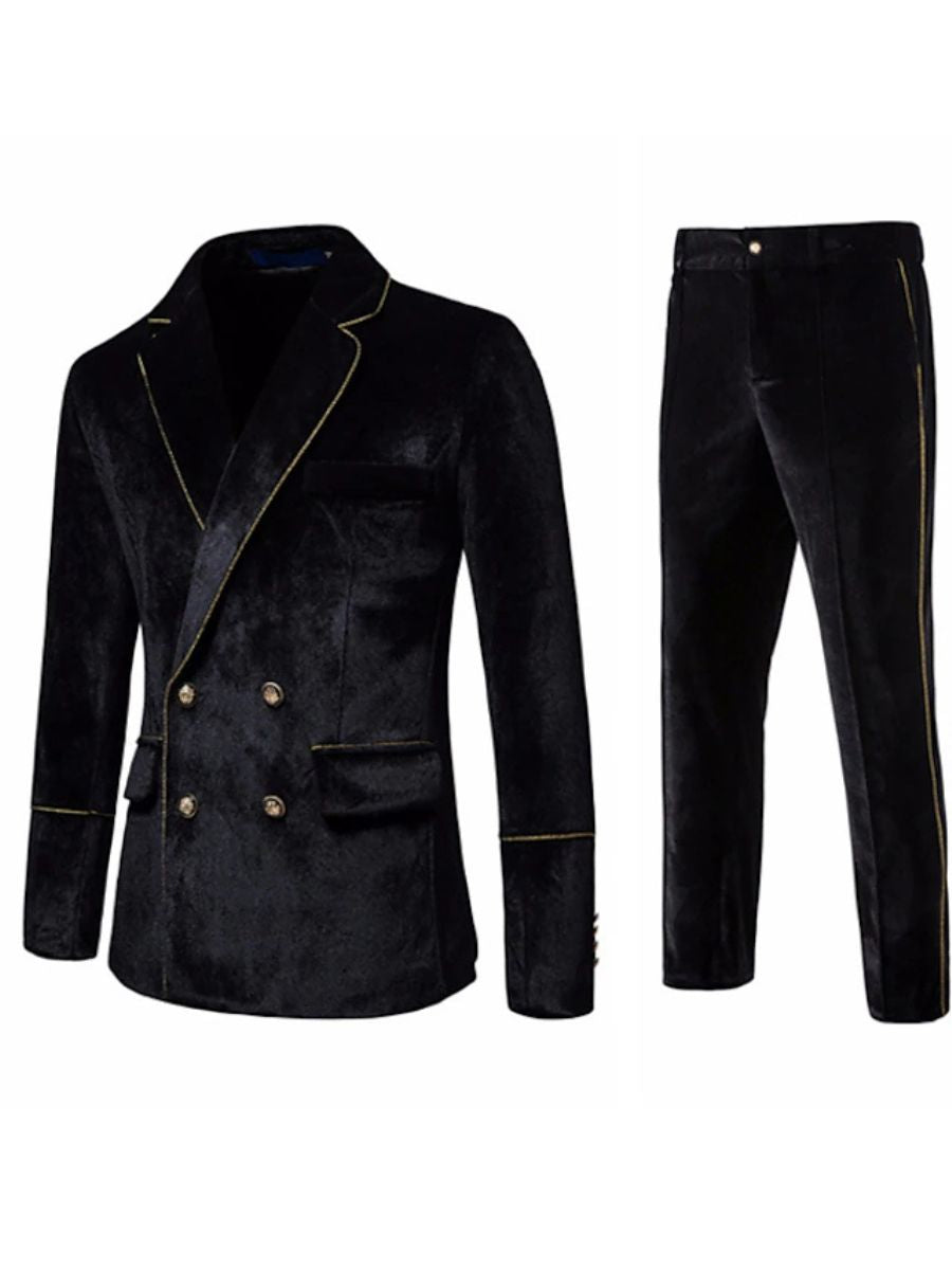 Costume homme noir, rétro, revers cranté, croisé, 4 boutons, uni