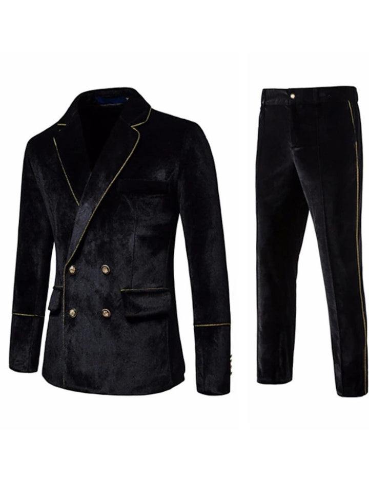 Costume homme noir, rétro, revers cranté, croisé, 4 boutons, uni