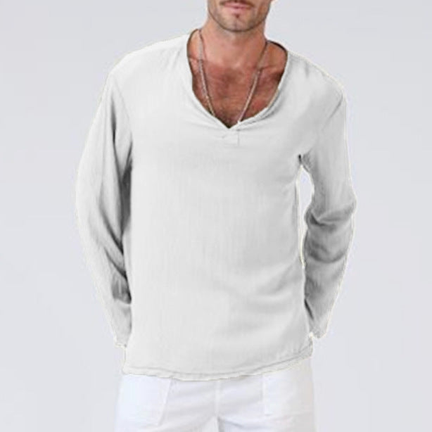 Chemise homme décontractée, col V, manches longues, uni