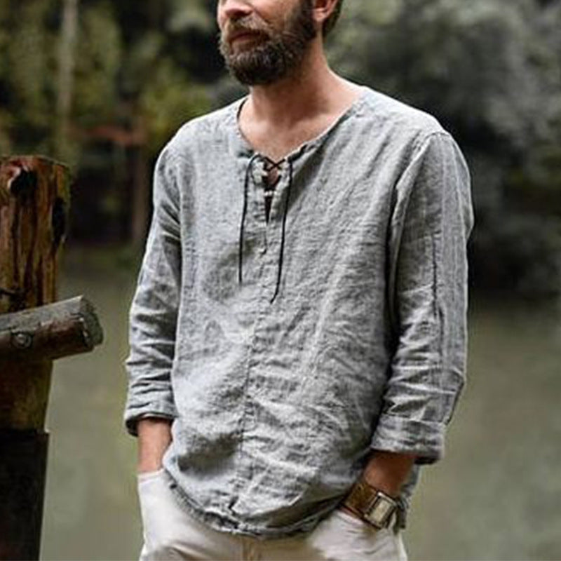 Chemise homme col rond, décontractée, manches longues, uni