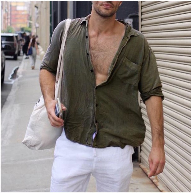 Chemise homme à revers, décontractée, manches longues, uni, avec poche