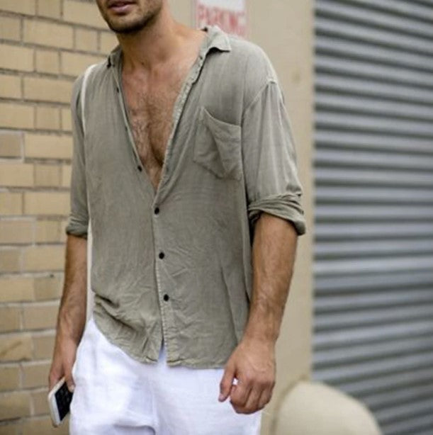 Chemise homme à revers, décontractée, manches longues, uni, avec poche