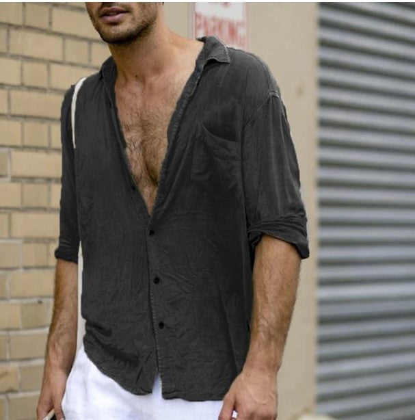 Chemise homme à revers, décontractée, manches longues, uni, avec poche
