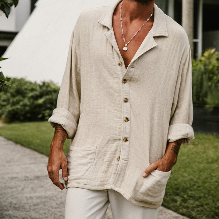 Chemise homme à revers, décontractée, manches longues, uni, avec poches