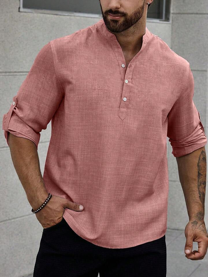 Chemise homme col montant, décontractée, manches longues, uni