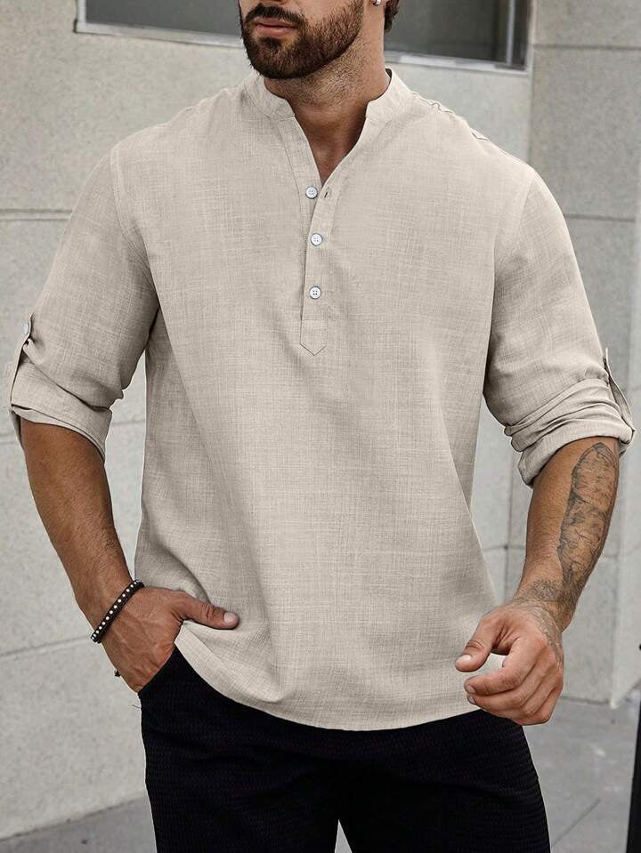Chemise homme col montant, décontractée, manches longues, uni
