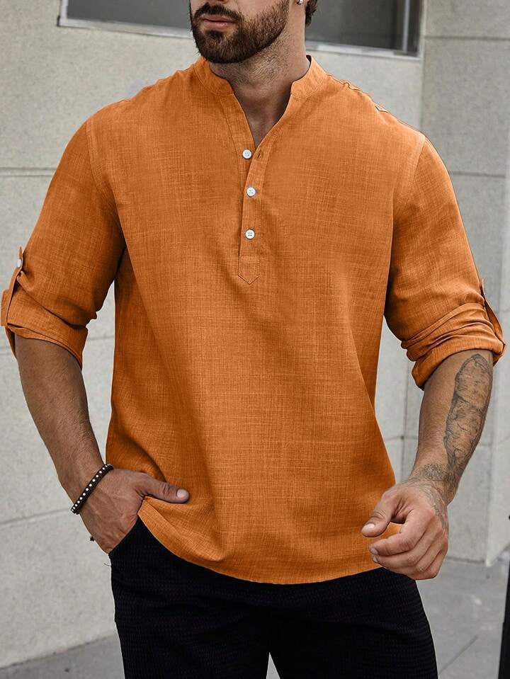 Chemise homme col montant, décontractée, manches longues, uni