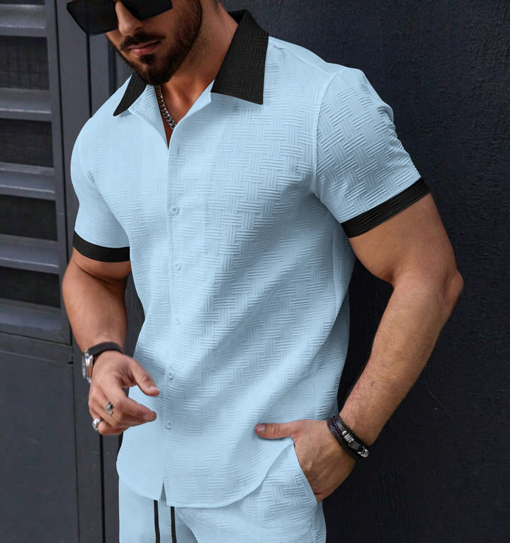 Chemise homme mode, manches courtes, jacquard, rayée, décontractée chic