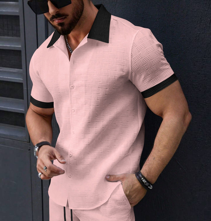 Chemise homme mode, manches courtes, jacquard, rayée, décontractée chic