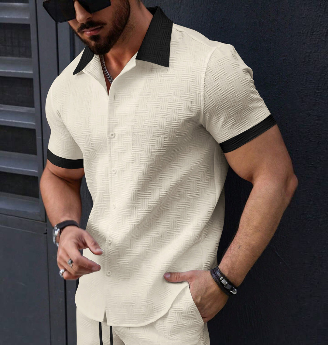 Chemise homme mode, manches courtes, jacquard, rayée, décontractée chic
