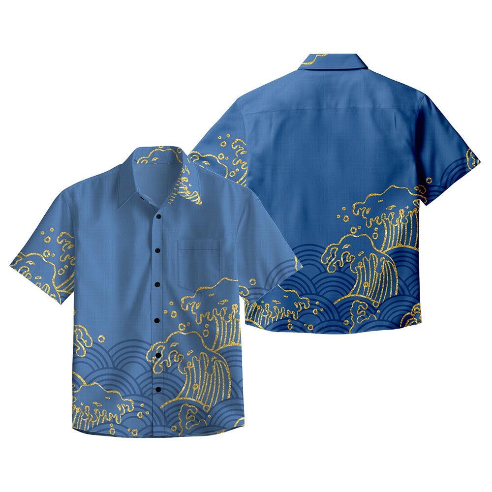 Chemise homme ample, manches courtes, coton, décontractée, motif vague