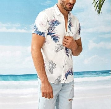 Chemise homme décontractée, manches courtes, imprimé feuilles, pour plage