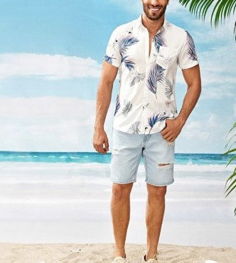 Chemise homme décontractée, manches courtes, imprimé feuilles, pour plage
