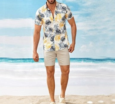Chemise homme décontractée, manches courtes, imprimé feuilles, pour plage