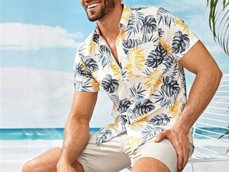 Chemise homme décontractée, manches courtes, imprimé feuilles, pour plage