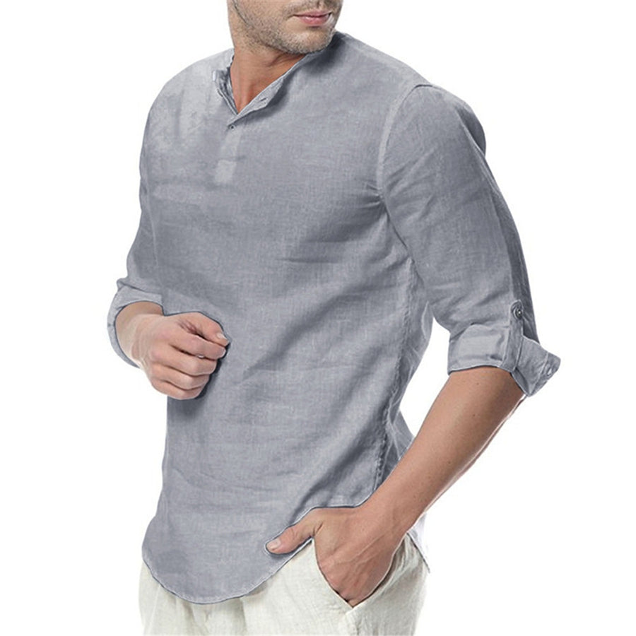 Chemise homme col montant, manches longues, décontractée, uni