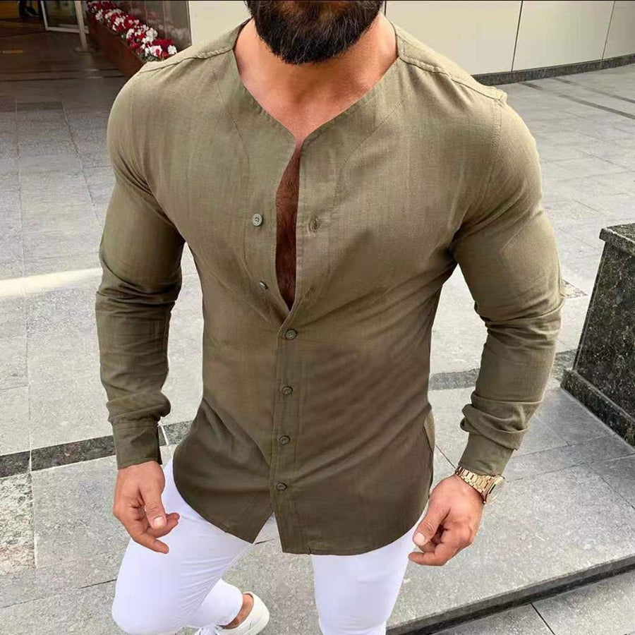 Chemise homme col rond, manches longues, coupe slim, uni
