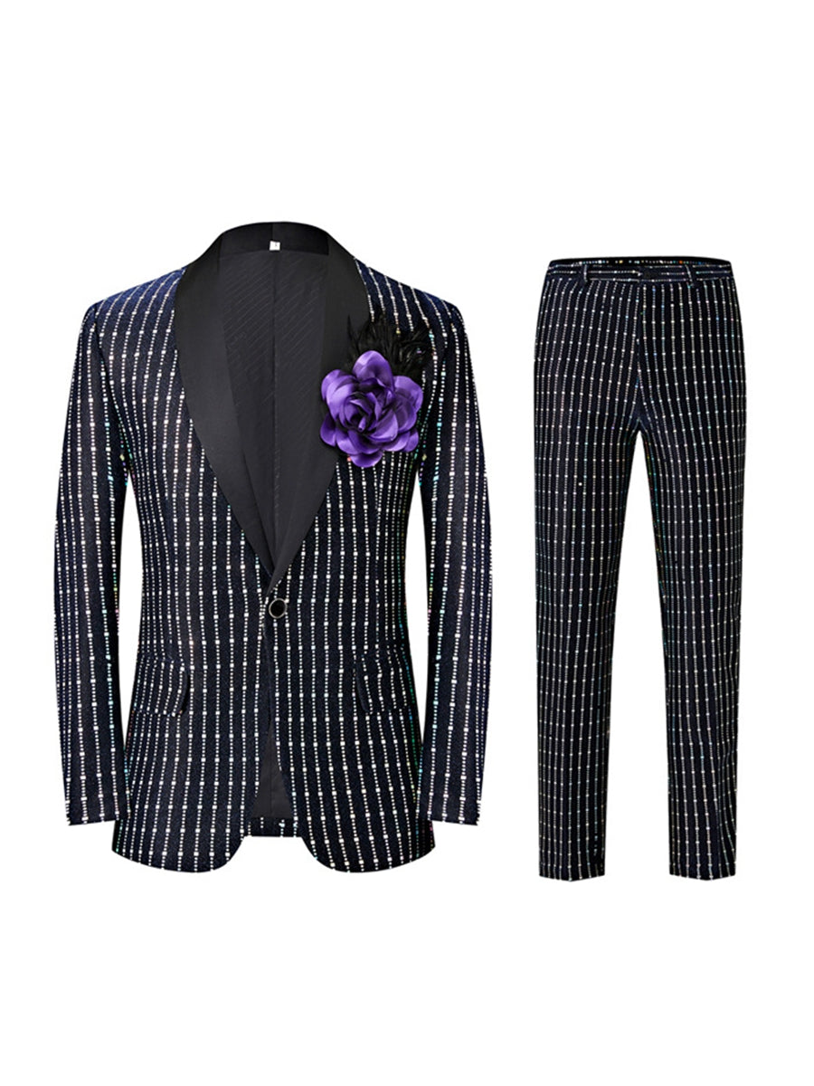 Costume homme noir, rétro, coupe ajustée, sequins carrés, droit, 1 bouton, cérémonie/galas