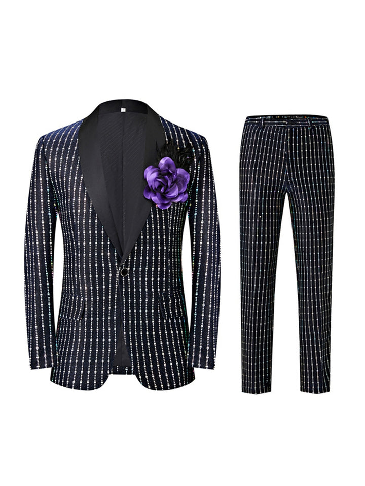 Costume homme noir, rétro, coupe ajustée, sequins carrés, droit, 1 bouton, cérémonie/galas