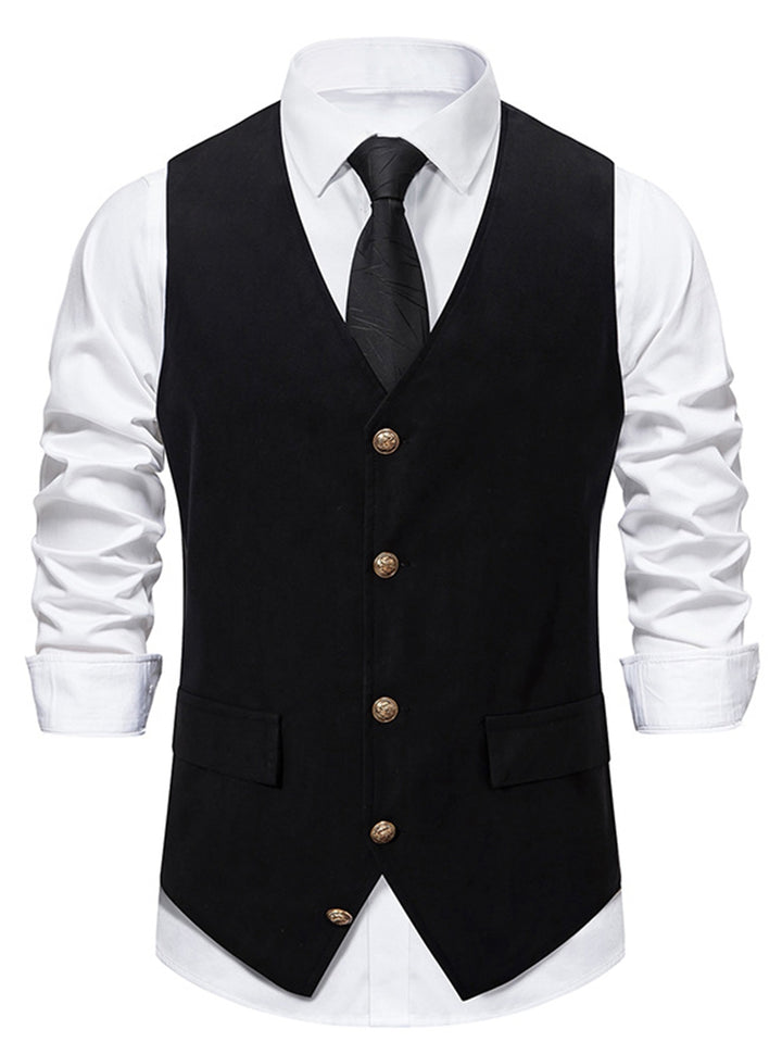 Gilet homme noir, rétro, col V, uni, droit, boutons, décontracté, quotidien, avec poche et ceinture