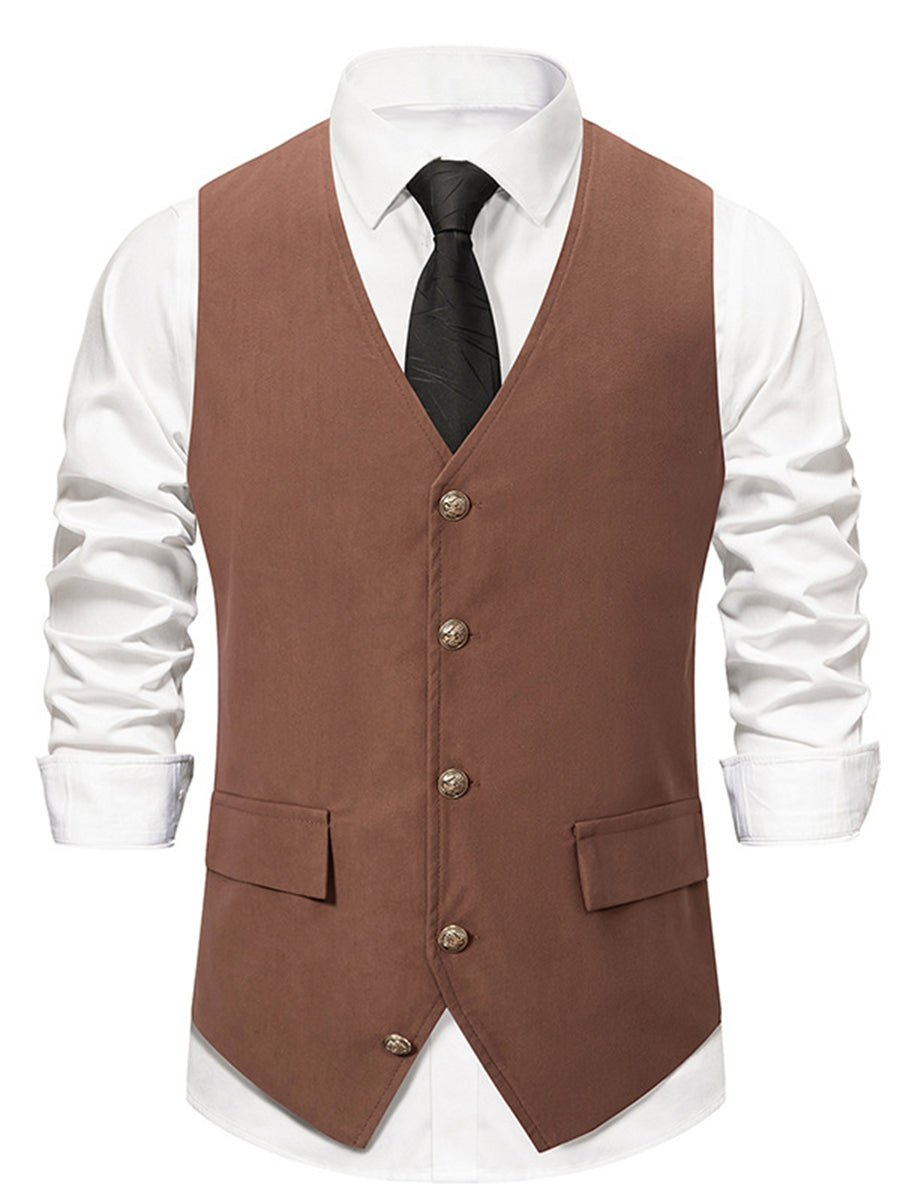 Gilet homme noir, rétro, col V, uni, droit, boutons, décontracté, quotidien, avec poche et ceinture