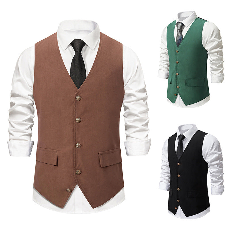 Gilet homme noir, rétro, col V, uni, droit, boutons, décontracté, quotidien, avec poche et ceinture