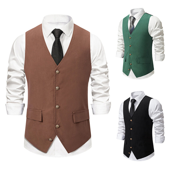 Gilet homme noir, rétro, col V, uni, droit, boutons, décontracté, quotidien, avec poche et ceinture