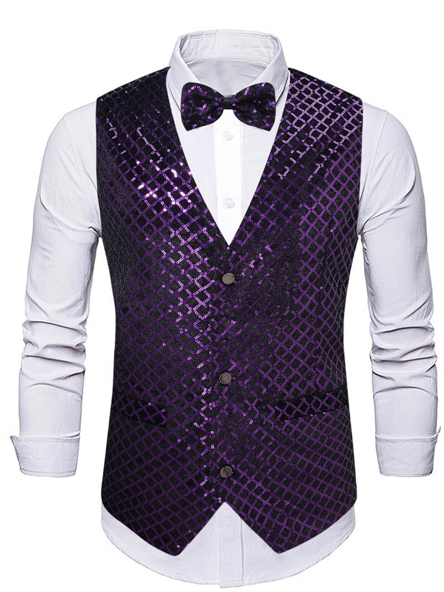 Gilet homme violet, sequins, col V, droit, boutons, scintillant, avec poche et ceinture