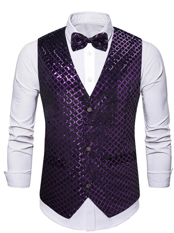 Gilet homme violet, sequins, col V, droit, boutons, scintillant, avec poche et ceinture
